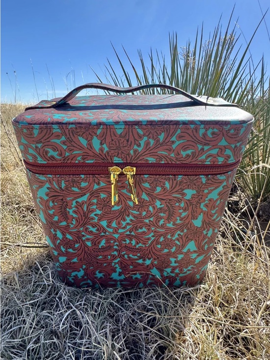 Sterling Kreek Handbags - Turquoise and Brown Floral-Print Cosmetic Train Case with Top Handle